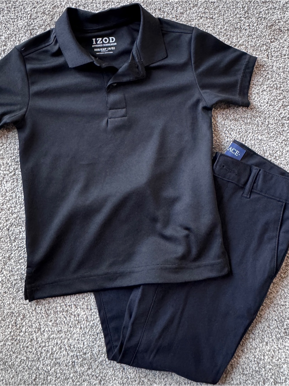 Izod Boys Black Short-Sleeve Polo and Children’s Place Slacks